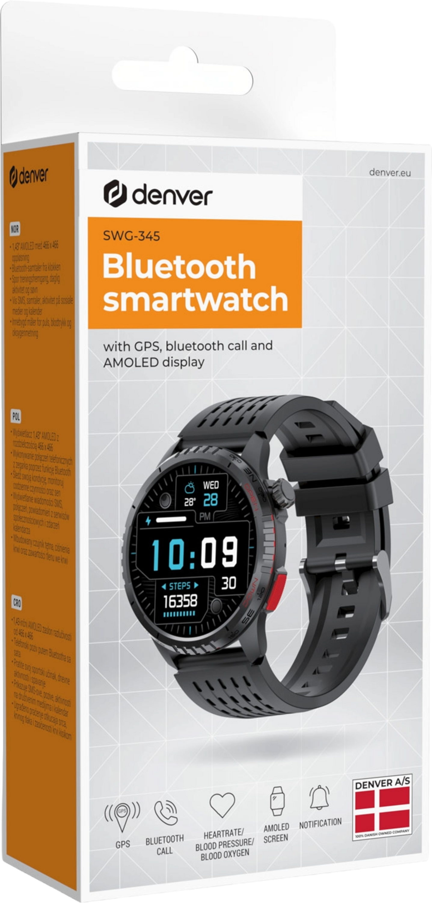 DENVER, Smartwatch Gps Amoled H&auml;lsokoll Swg-345b