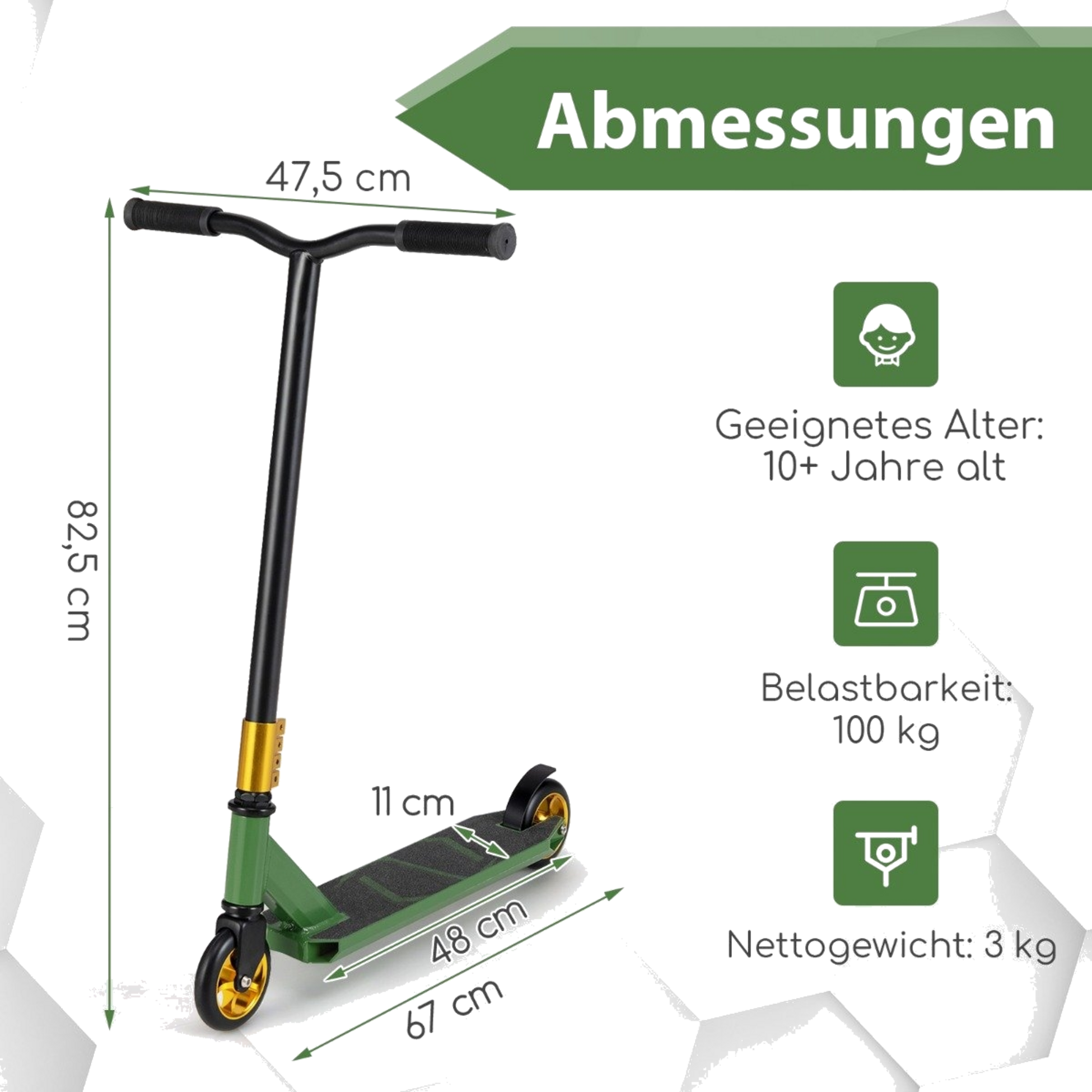 NORTHIX, Stunt Scooter With 360 Steering  Pu Wheels  Aluminum Deck Stunt Scooter Fun Scooter Green
