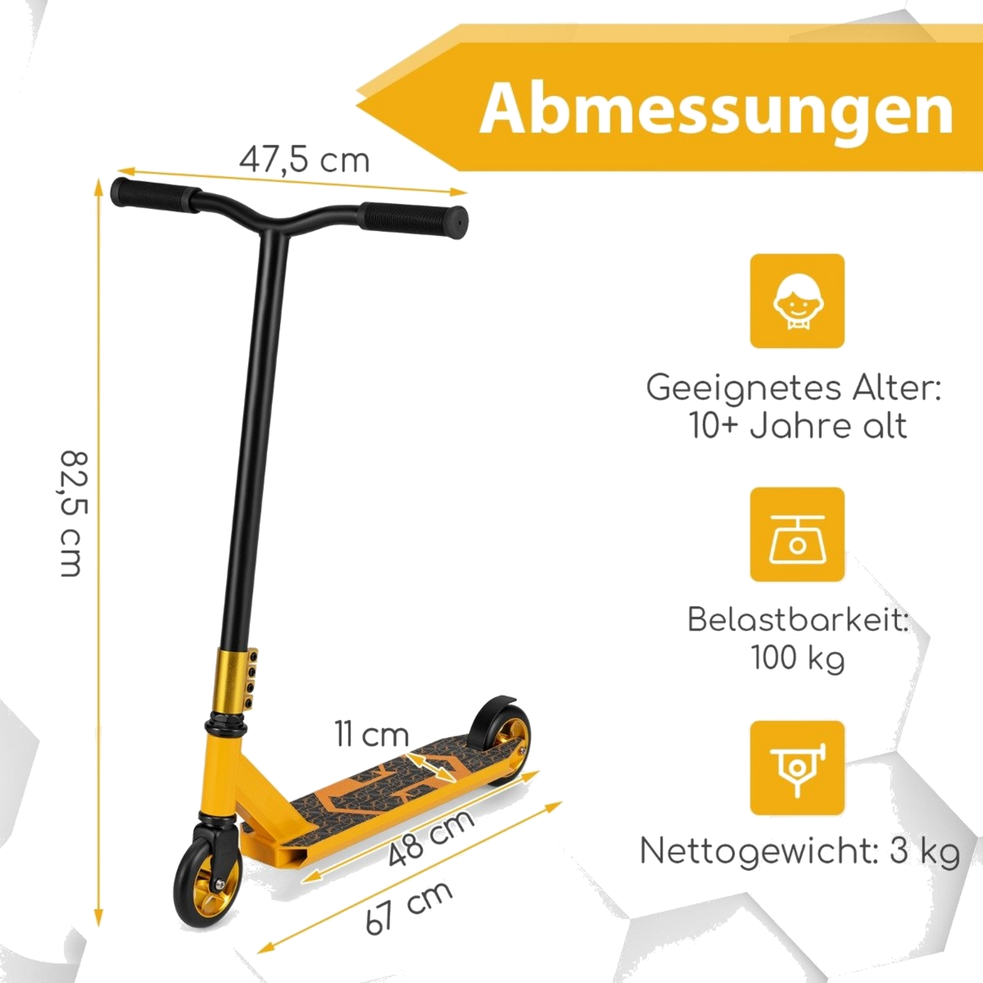 NORTHIX, Stunt Scooter With 360 Steering  Pu Wheels  Aluminum Deck Stunt Scooter Fun Scooter Yellow