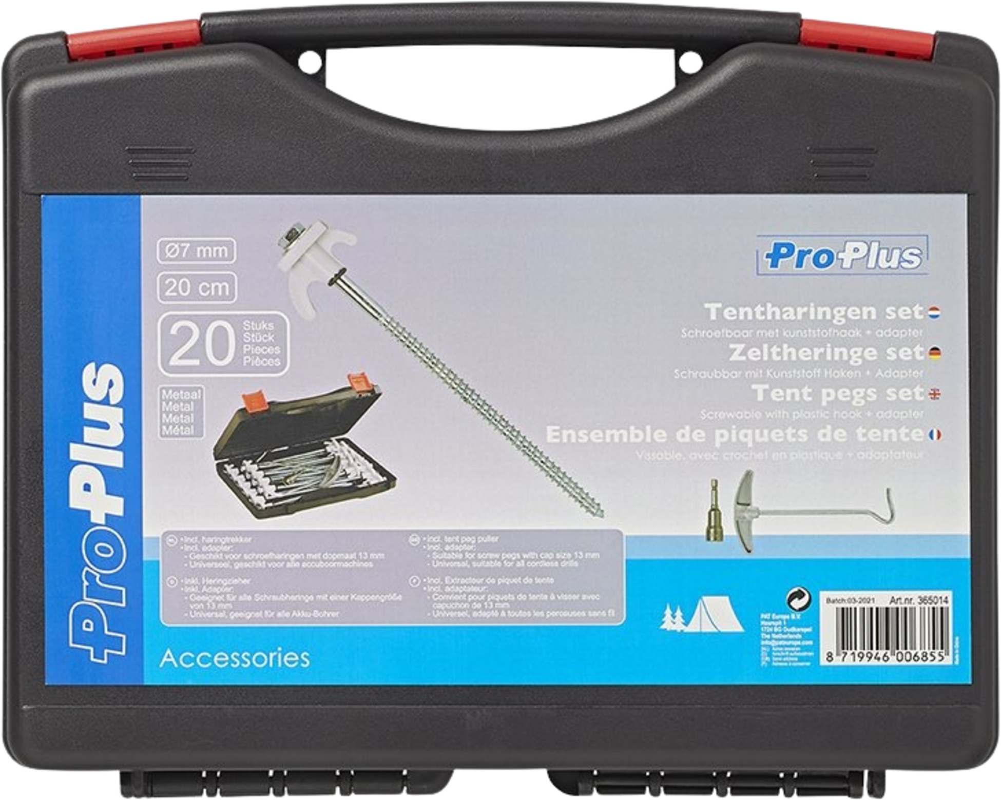 B2X, Tent Peg 20 Cm Metal Screwable With Plastic Hook + Adapter - Set Of 20 Pcs. In Case