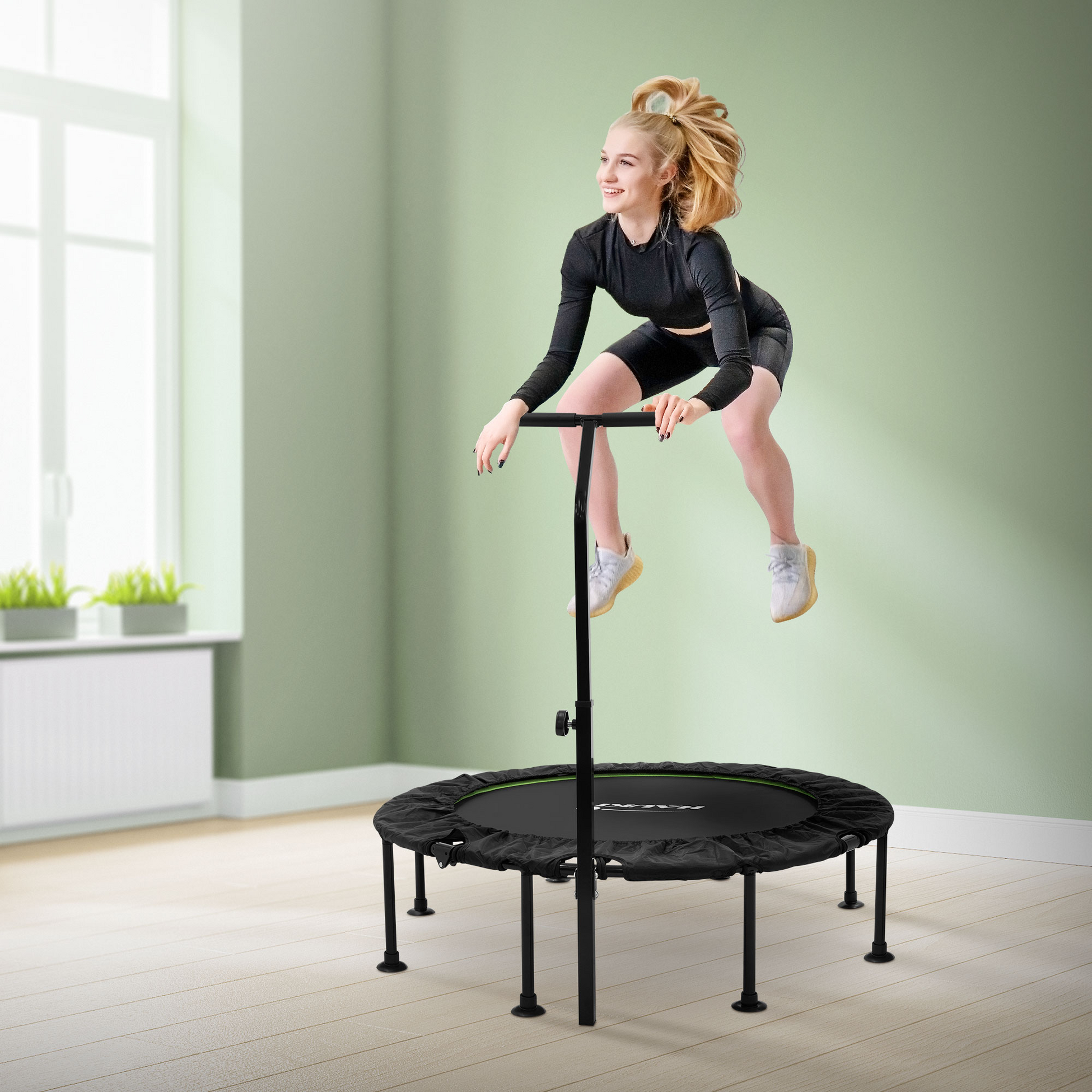 HAUKI, Trampolin Ø122cm Med Höj- Och Sänkbart Handtag Stålgrön Upp Till 150kg Hauki