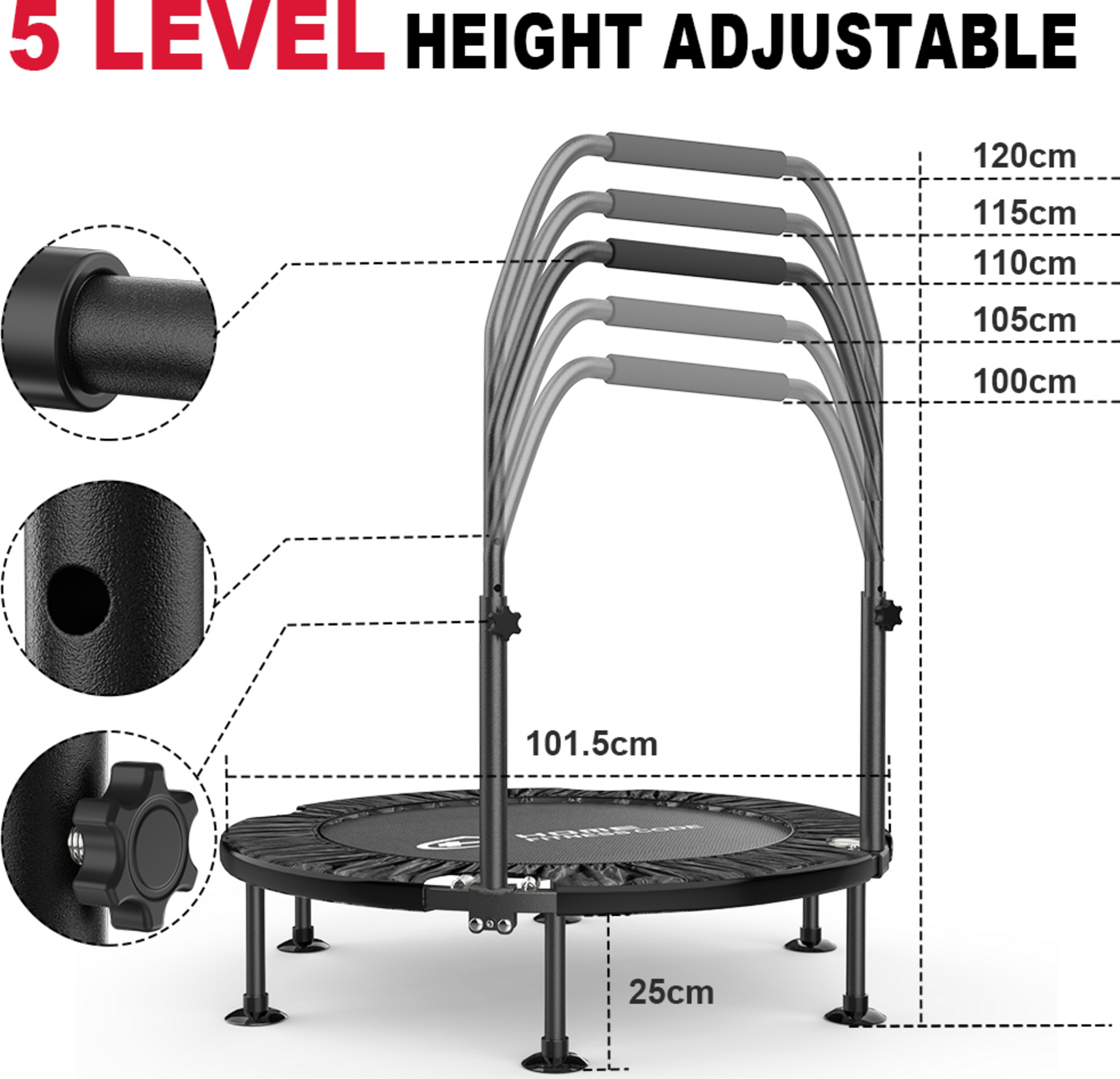 HOMEFITNESSCODE, Trampolin 102 Cm Med Justerbar Stång , Sugkoppsfötter – Säker Träning