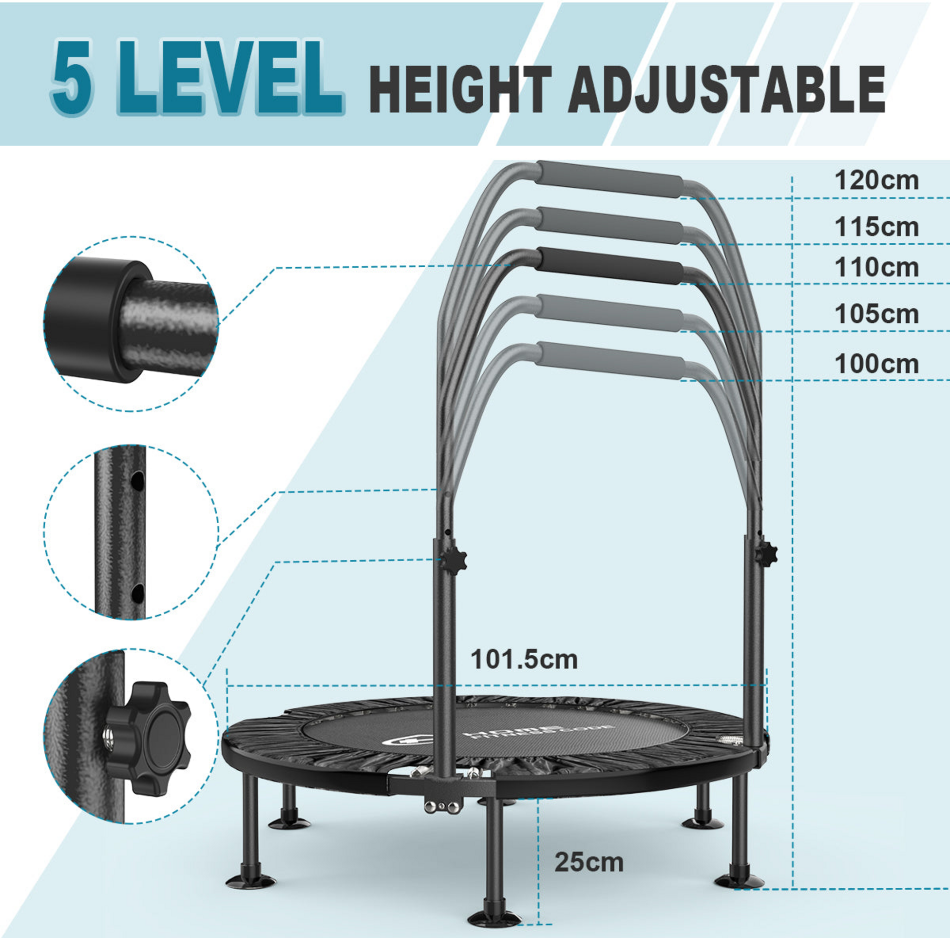 HOMEFITNESSCODE, Trampolin 102 Cm Med Justerbar Stång , Sugkoppsfötter – Säker Träning