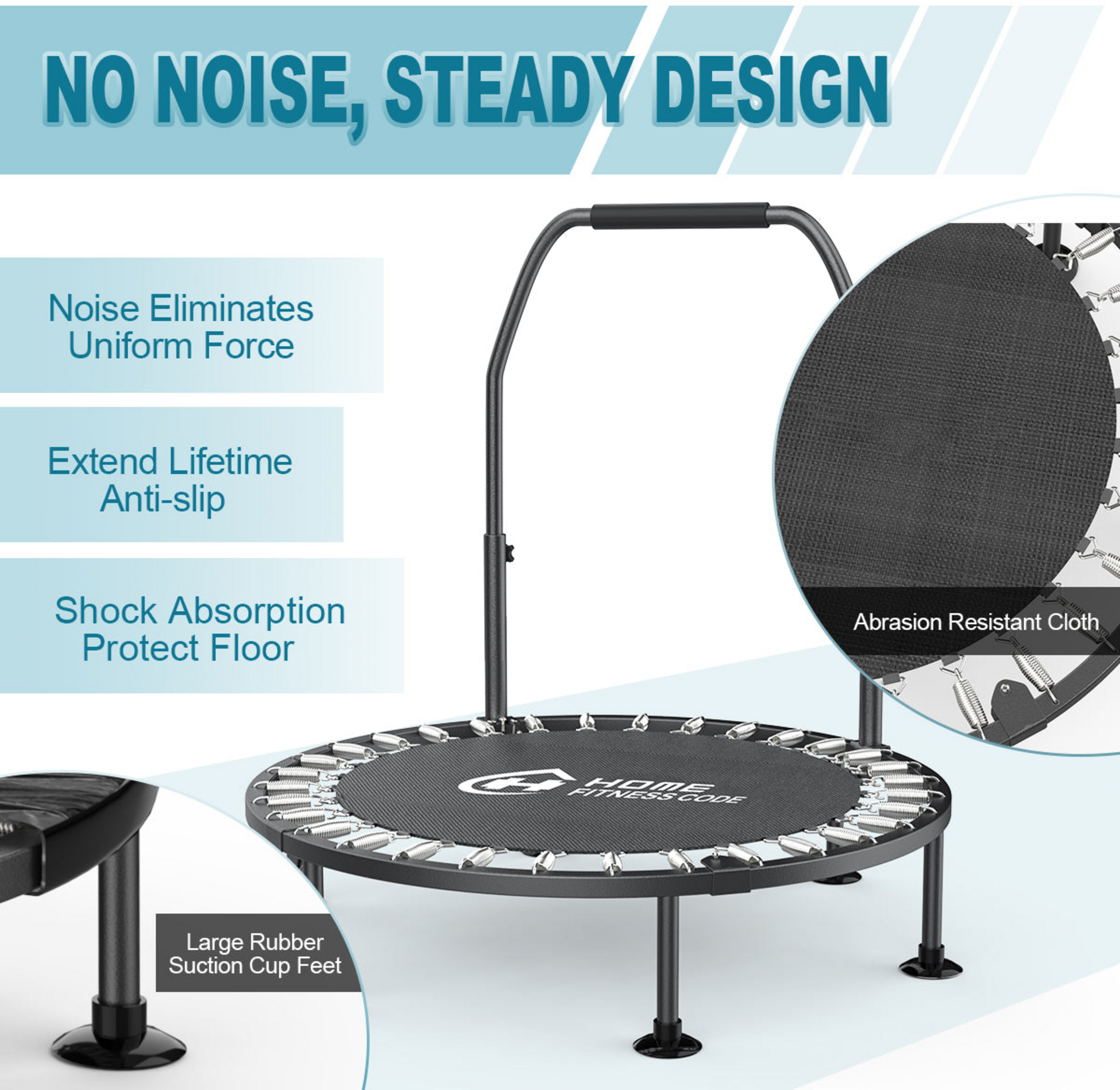HOMEFITNESSCODE, Trampolin 102 Cm Med Justerbar Stång , Sugkoppsfötter – Säker Träning