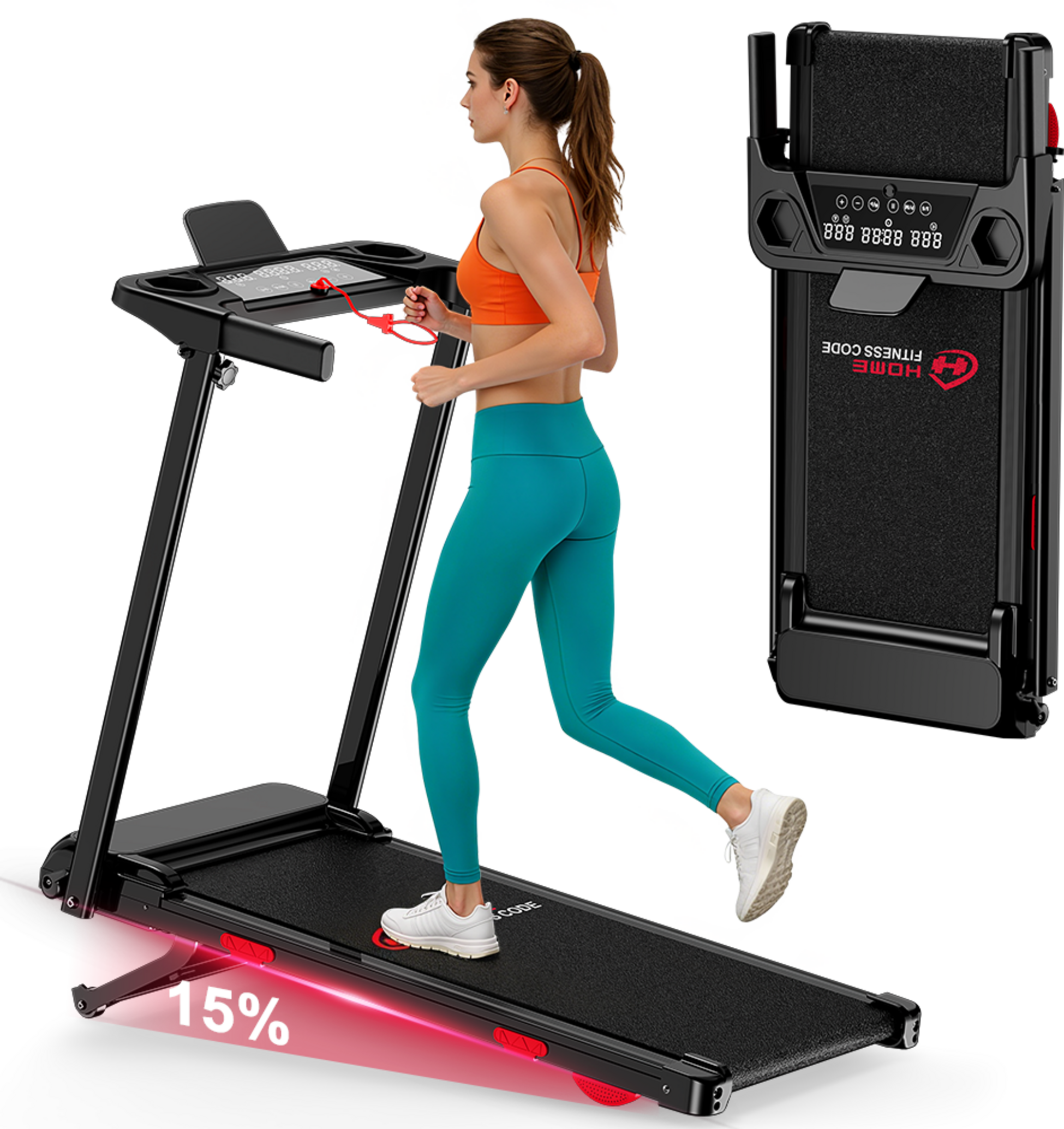HOMEFITNESSCODE, Treadmill Q5 With 15% Automatic Incline, Brushless Motor, Speed ​​1-12km/h