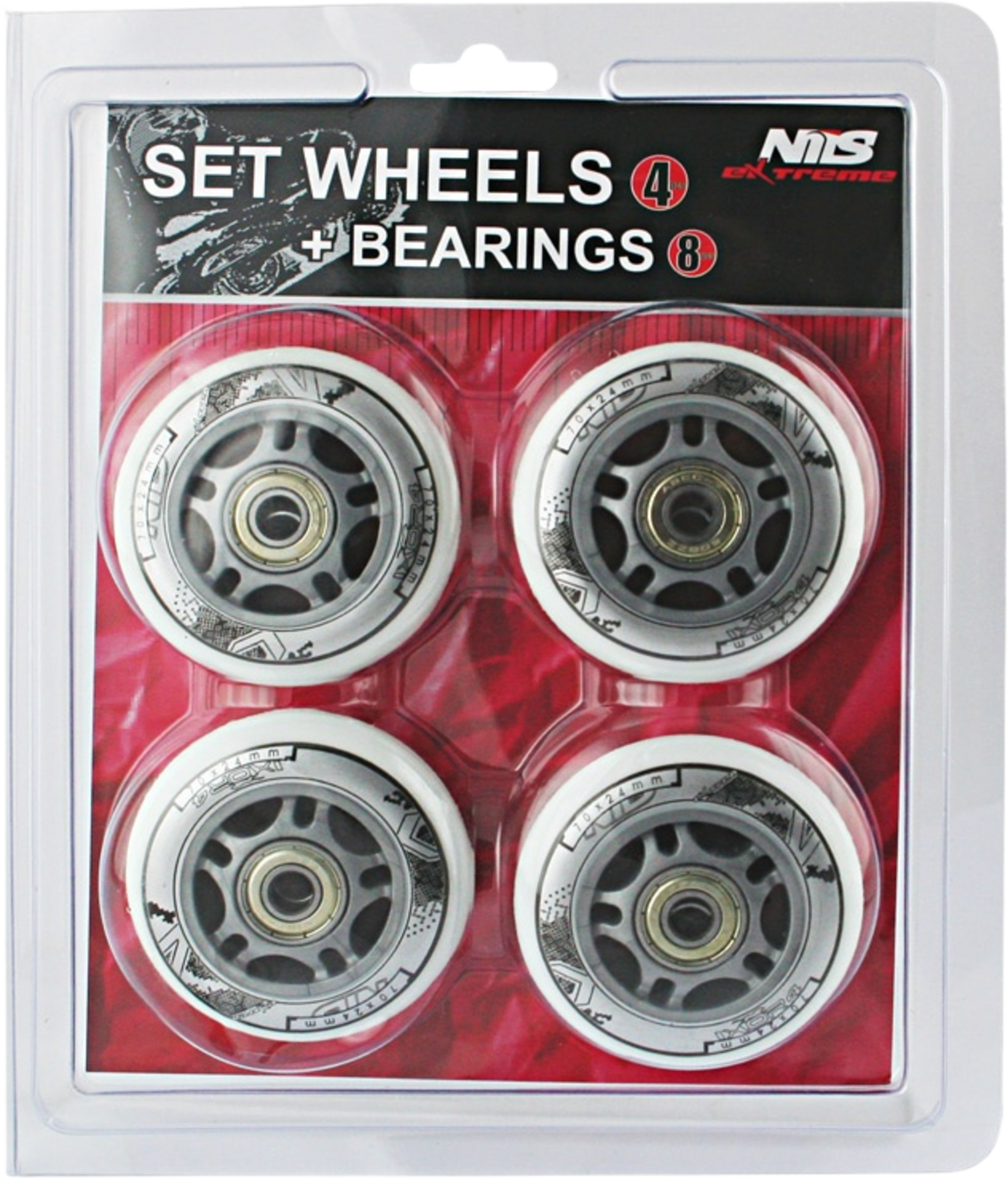 NORTHIX, White 70x24mm 82a Wheels (4) + Abec-7 Bearings (8) Set