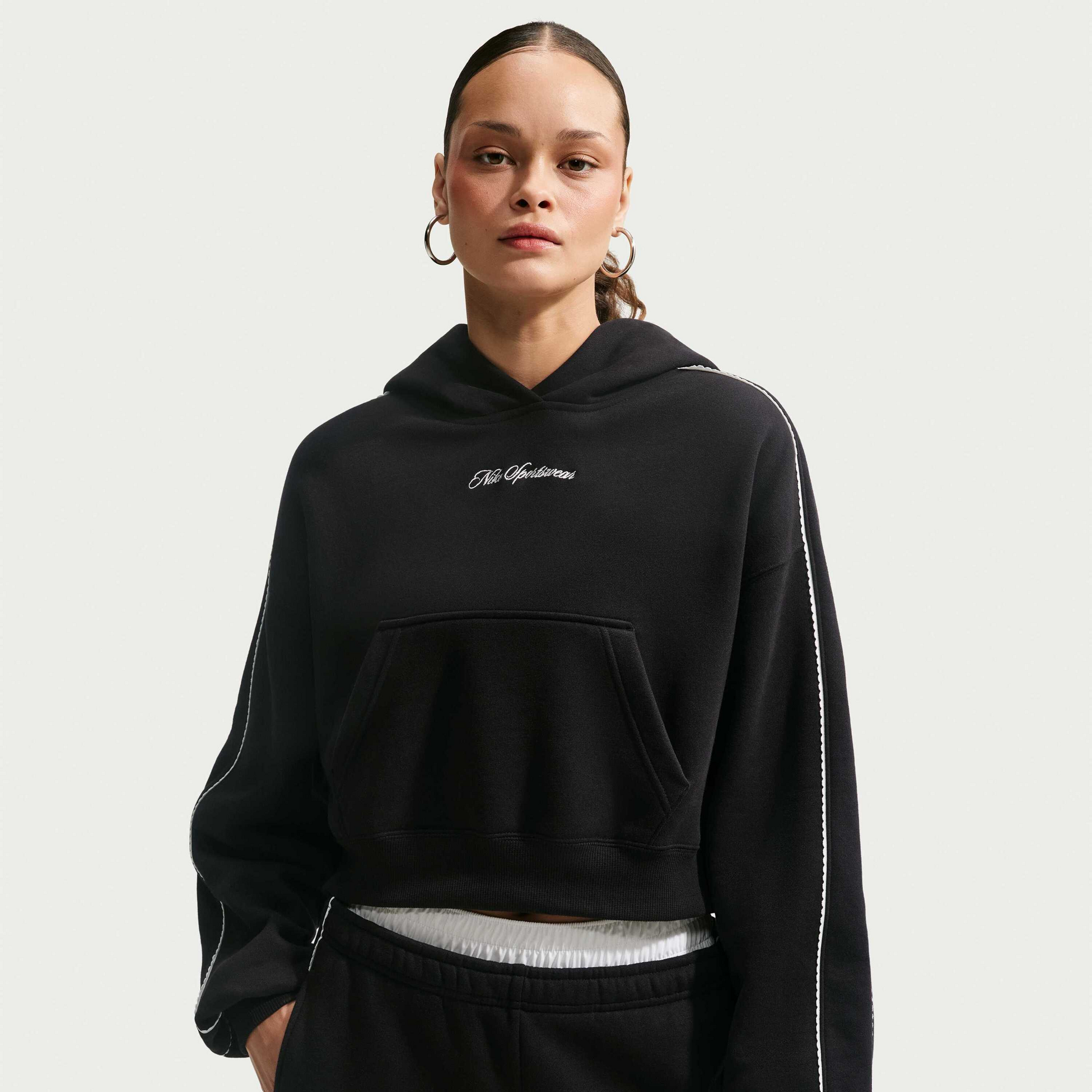 NIKE, Women's Cropped Pullover Hoodie Studio Fleece Medium Weight 'graphic Pack'